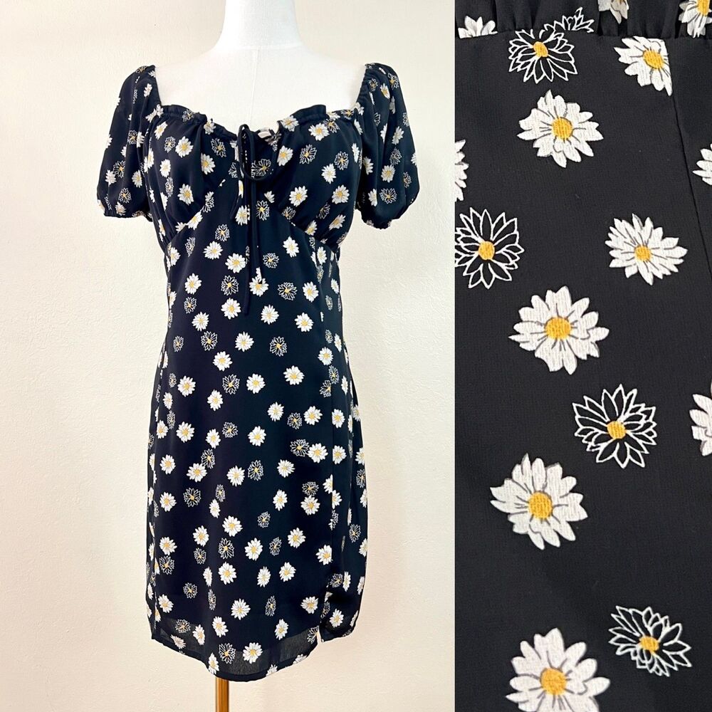 Nordstrom BP Ditsy Floral Tie Front Minidress Black/White Daisy 90s Grunge Sz L